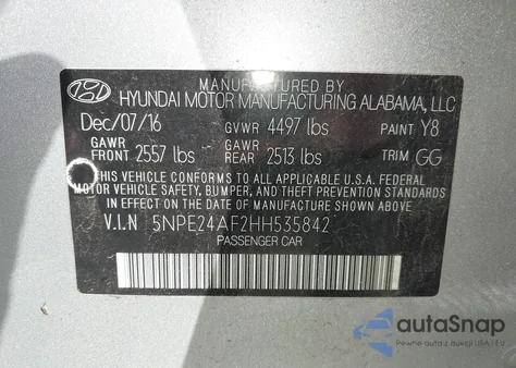 2017 Hyundai Sonata z USA, uszkodzony, nr VIN 5NPE24AF2HH535842